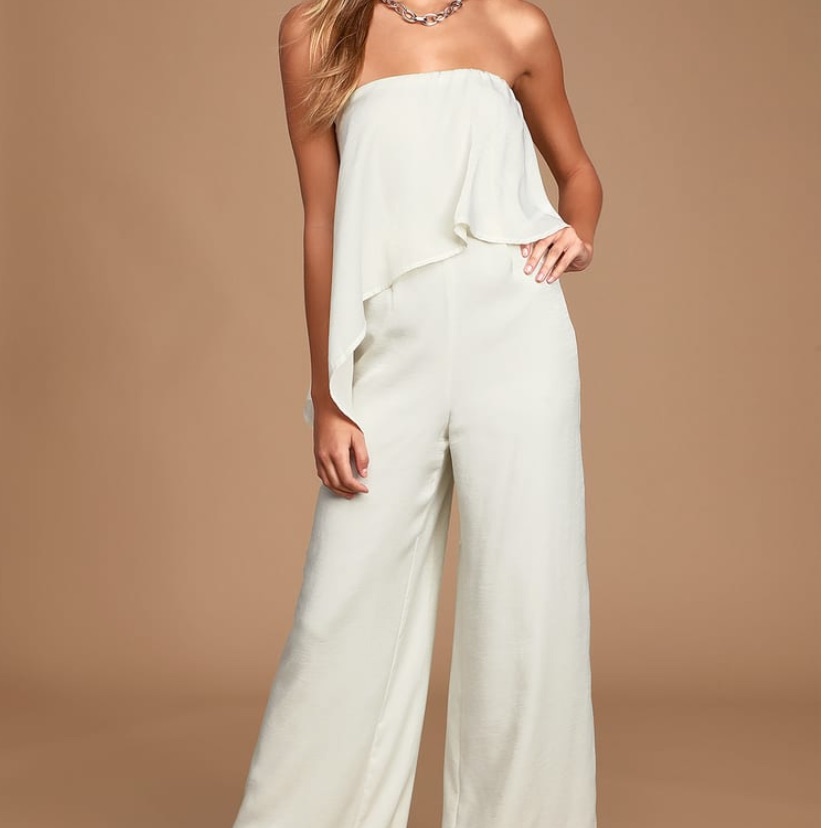 Lulus Raven Cream Satin Strapless Wide Leg Jumpsuit